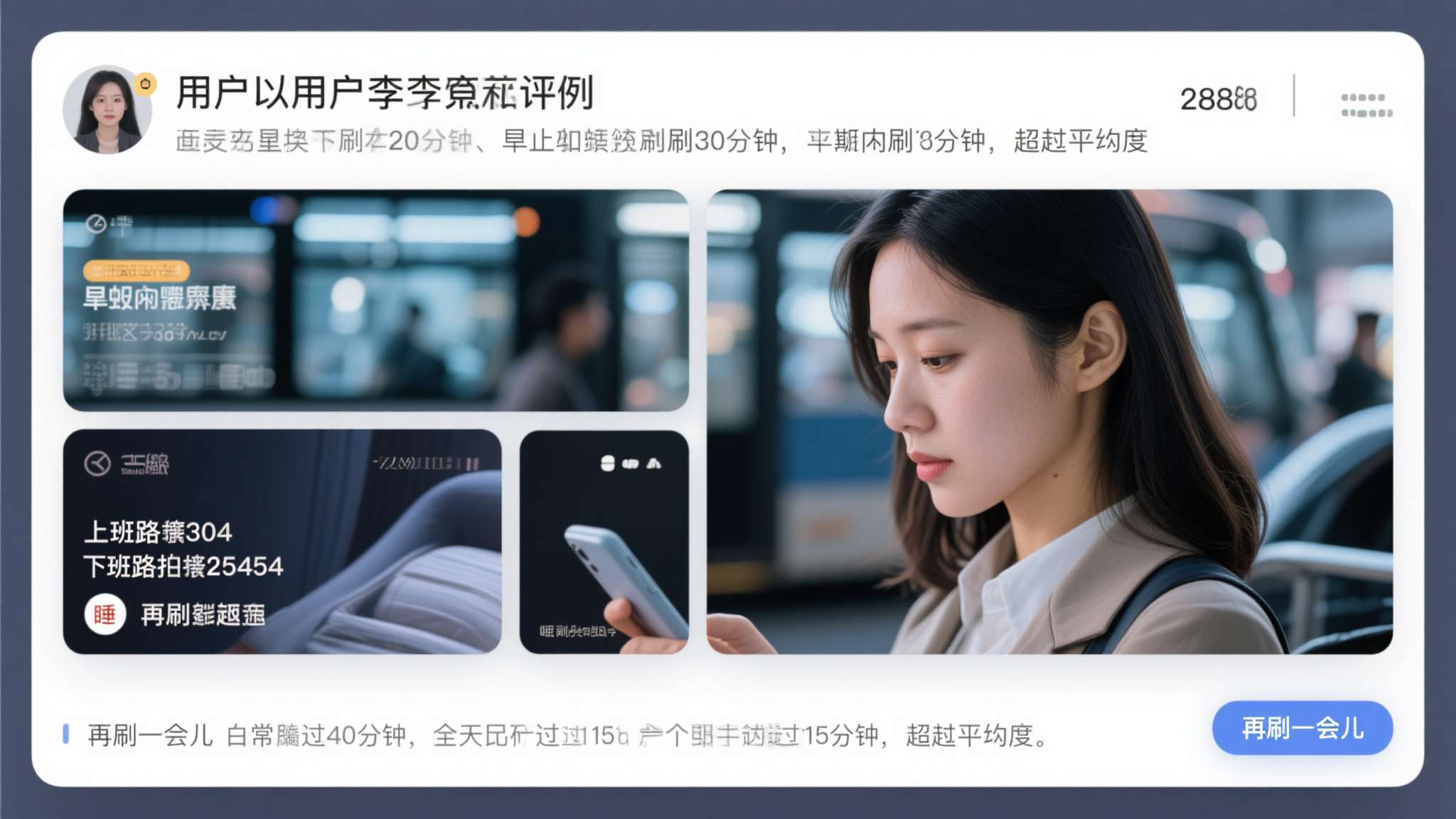 以用户李某为例，她是一名28岁的上班族。早晨通勤刷20分钟，午休刷30分钟，下班